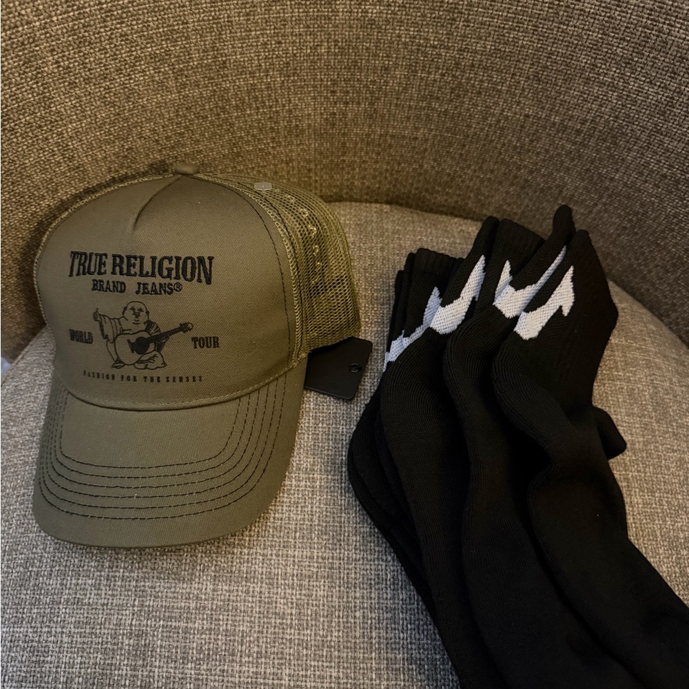 True Religion Olive Mesh Trucker Hat with Black & White Crew Socks